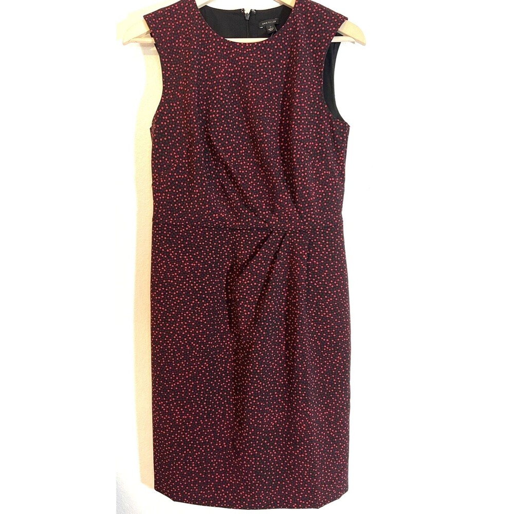 Dress Ann Taylor LOFT  6 Red/Black Print Sleeveless Sheath Side Gather Polkadot